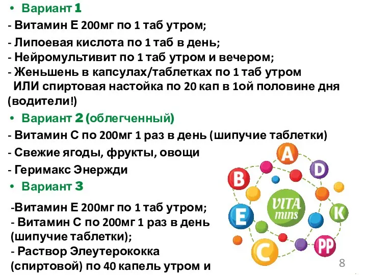 Вариант 1 - Витамин Е 200мг по 1 таб утром; - Липоевая