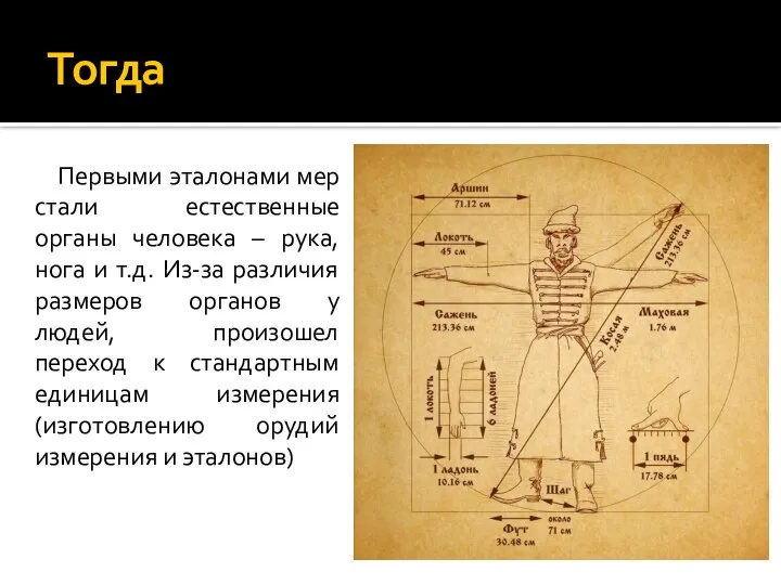 Тогда Первыми эталонами мер стали естественные органы человека – рука, нога и