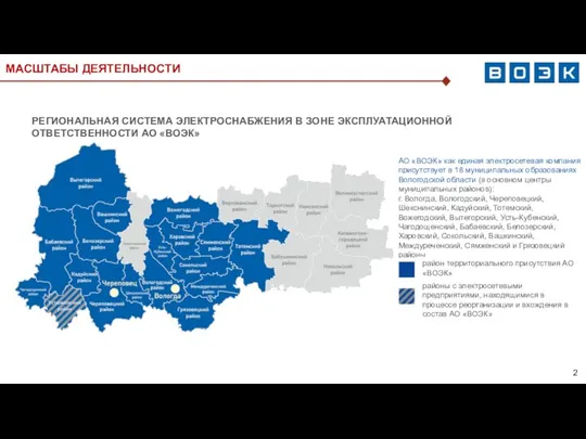 РЕГИОНАЛЬНАЯ СИСТЕМА ЭЛЕКТРОСНАБЖЕНИЯ В ЗОНЕ ЭКСПЛУАТАЦИОННОЙ ОТВЕТСТВЕННОСТИ АО «ВОЭК» МАСШТАБЫ ДЕЯТЕЛЬНОСТИ АО