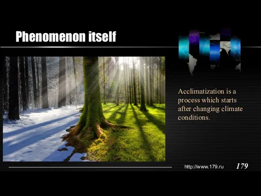 Phenomenon itself Acclimatization is a process which starts after changing climate conditions.