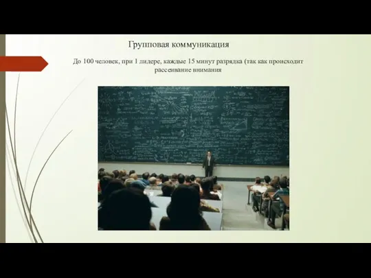 Групповая коммуникация До 100 человек, при 1 лидере, каждые 15 минут разрядка