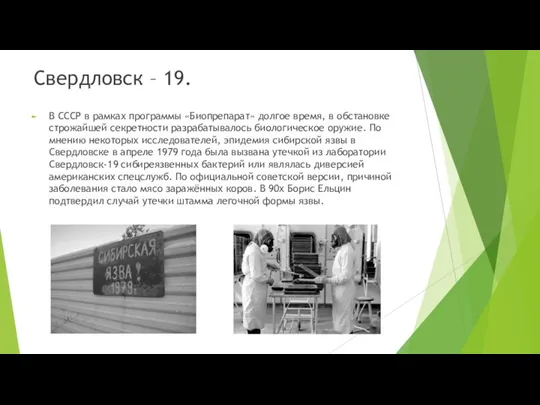 Свердловск – 19. В СССР в рамках программы «Биопрепарат» долгое время, в