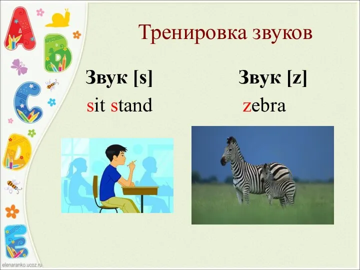 Тренировка звуков Звук [s] Звук [z] sit stand zebra