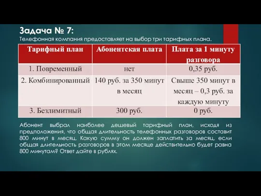 Задача № 7: Телефонная компания предоставляет на выбор три тарифных плана. Абонент