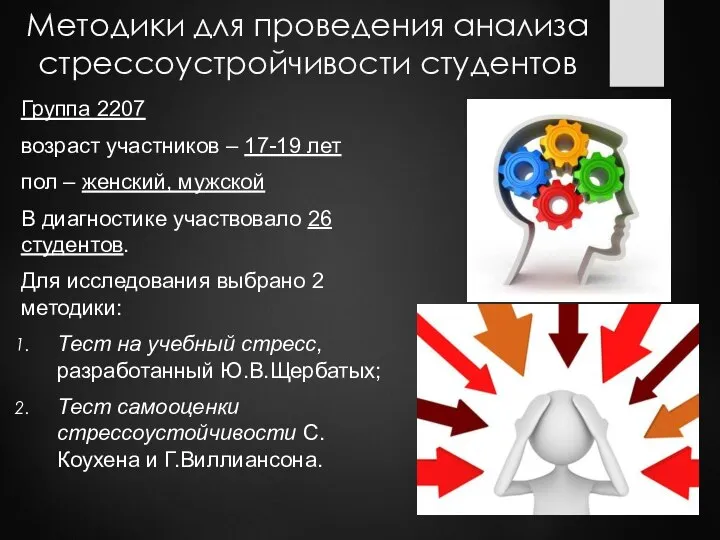 Методики для проведения анализа стрессоустройчивости студентов Группа 2207 возраст участников – 17-19