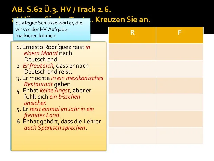 AB. S.62 Ü.3. HV / Track 2.6. a) Hören Sie A 2