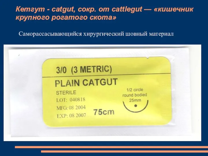 Кетгут - catgut, сокр. от cattlegut — «кишечник крупного рогатого скота» Саморассасывающийся хирургический шовный материал