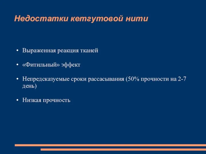 Недостатки кетгутовой нити Выраженная реакция тканей «Фитильный» эффект Непредсказуемые сроки рассасывания (50%