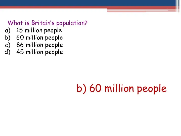 What is Britain’s population? 15 million people 60 million people 86 million