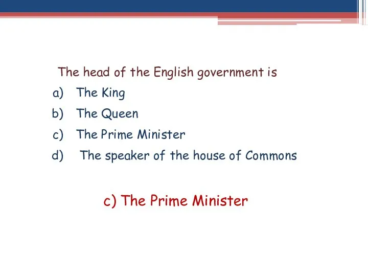 The head of the English government is The King The Queen The