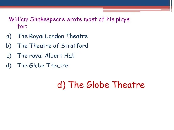 William Shakespeare wrote most of his plays for: The Royal London Theatre