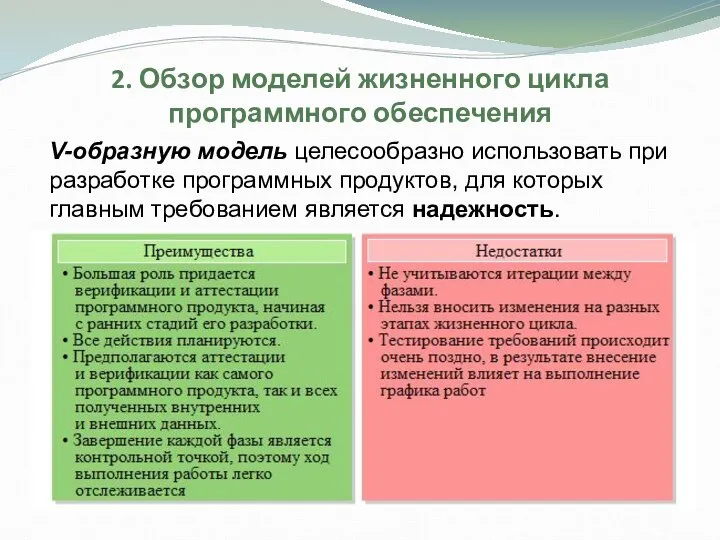 2. Обзор моделей жизненного цикла программного обеспечения V-образную модель целесообразно использовать при