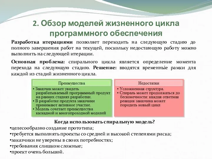 2. Обзор моделей жизненного цикла программного обеспечения Разработка итерациями позволяет переходить на