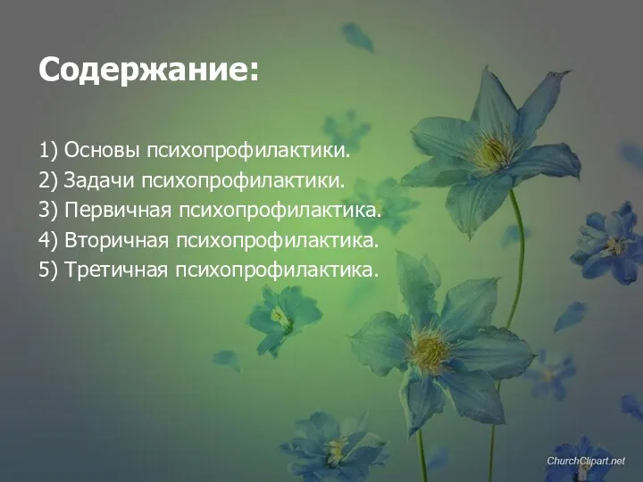 Содержание: 1) Основы психопрофилактики. 2) Задачи психопрофилактики. 3) Первичная психопрофилактика. 4) Вторичная психопрофилактика. 5) Третичная психопрофилактика.