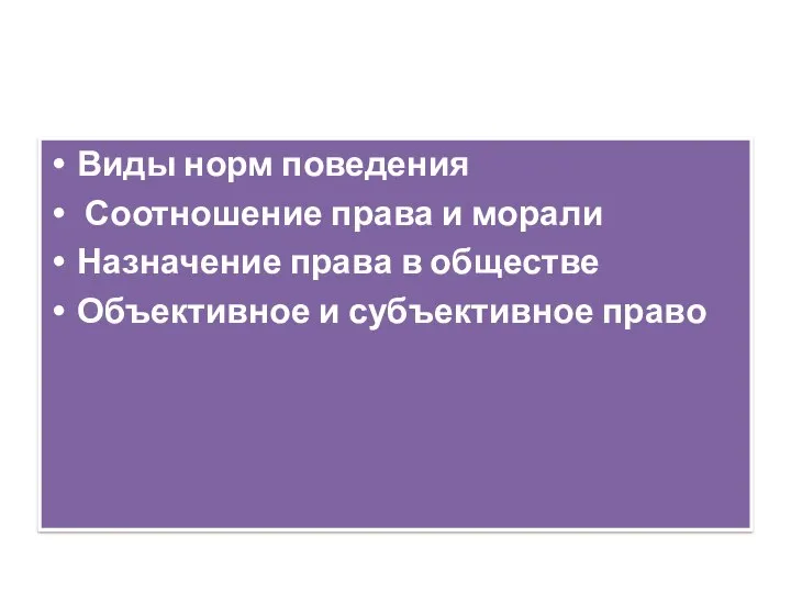 Виды норм поведения Соотношение права и морали Назначение права в обществе Объективное и субъективное право