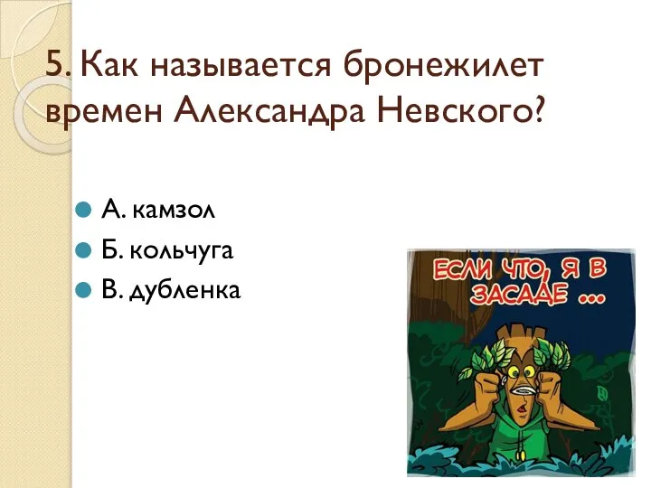 5. Как называется бронежилет времен Александра Невского? А. камзол Б. кольчуга В. дубленка