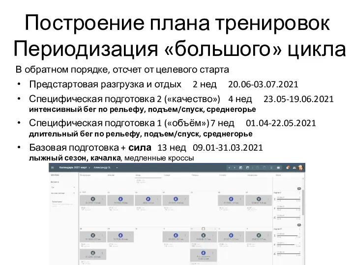 Построение плана тренировок Периодизация «большого» цикла В обратном порядке, отсчет от целевого