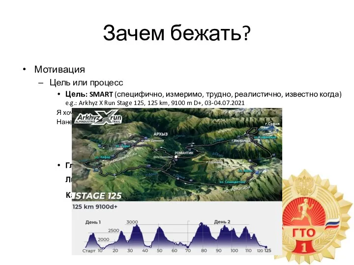Зачем бежать? Мотивация Цель или процесс Цель: SMART (специфично, измеримо, трудно, реалистично,