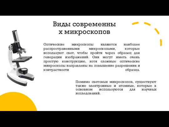 Виды современных микроскопов Помимо световых микроскопов, существуют также электронные и атомные, которые