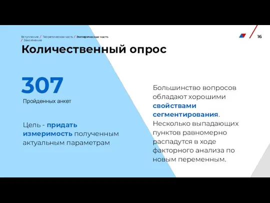 Количественный опрос Пройденных анкет 307 Цель - придать измеримость полученным актуальным параметрам