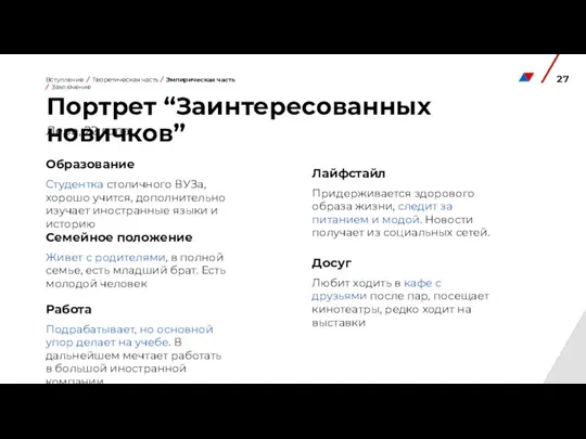 Портрет “Заинтересованных новичков” Лера, 22 года Образование Студентка столичного ВУЗа, хорошо учится,