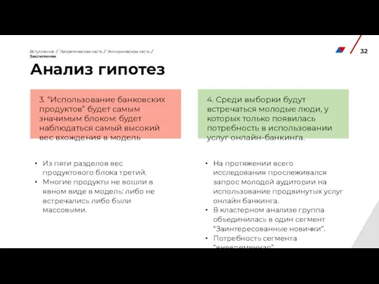 Анализ гипотез Вступление / Теоретическая часть / Эмпирическая часть / Заключение 3.