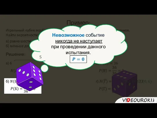 Пример: Решение: Невозможное событие никогда не наступает при проведении данного испытания.