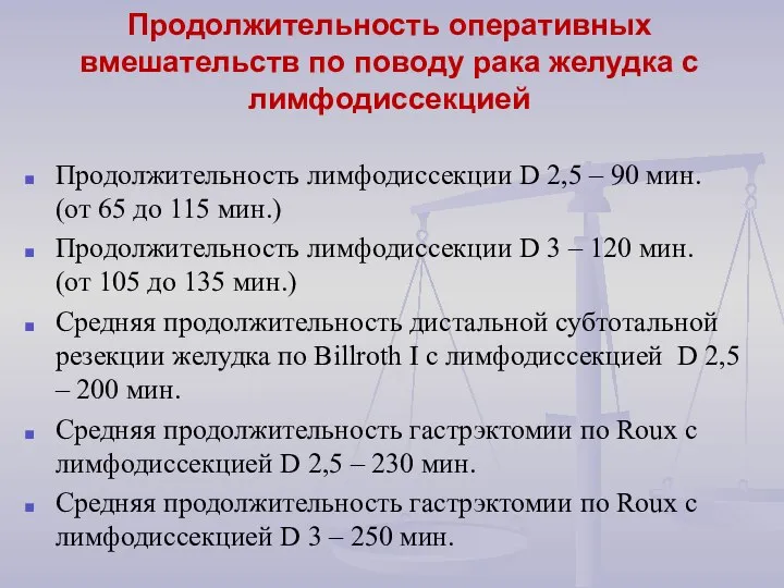 Продолжительность лимфодиссекции D 2,5 – 90 мин. (от 65 до 115 мин.)
