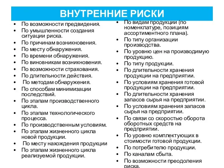 ВНУТРЕННИЕ РИСКИ По возможности предвидения. По умышленности создания ситуации риска. По причинам