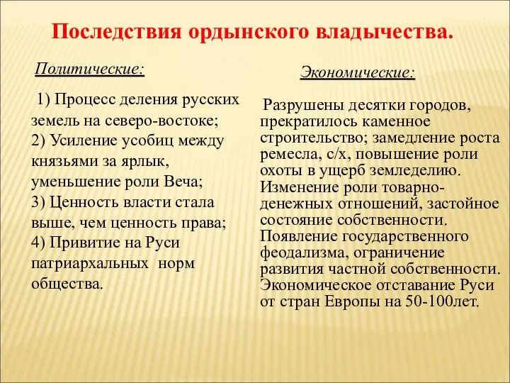 Последствия ордынского владычества. Политические: 1) Процесс деления русских земель на северо-востоке; 2)