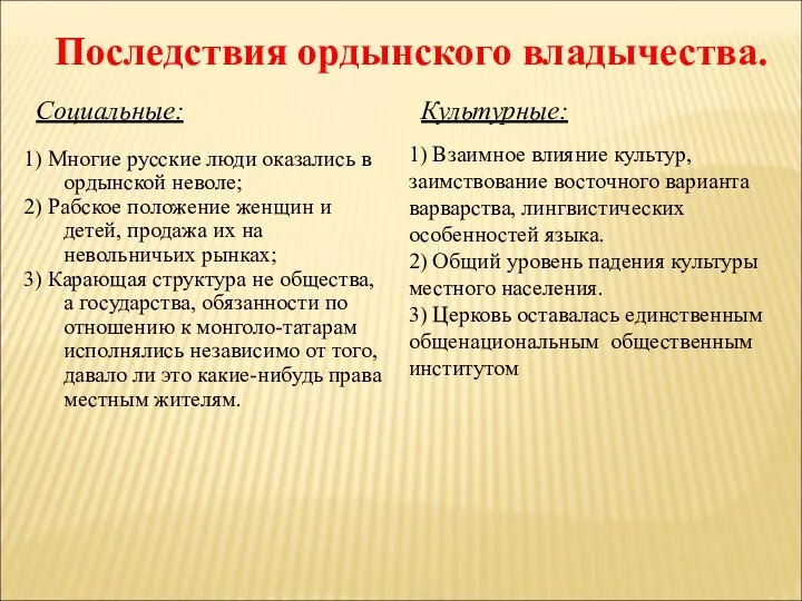 Последствия ордынского владычества. Социальные: 1) Многие русские люди оказались в ордынской неволе;