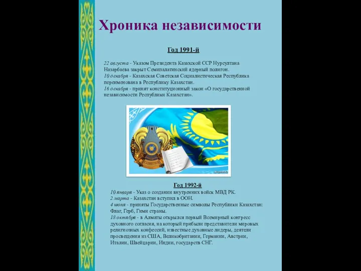 Хроника независимости Год 1991-й 22 августа - Указом Президента Казахской ССР Нурсултана
