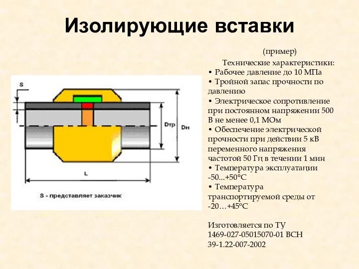 Изолирующие вставки (пример) Технические характеристики: • Рабочее давление до 10 МПа •