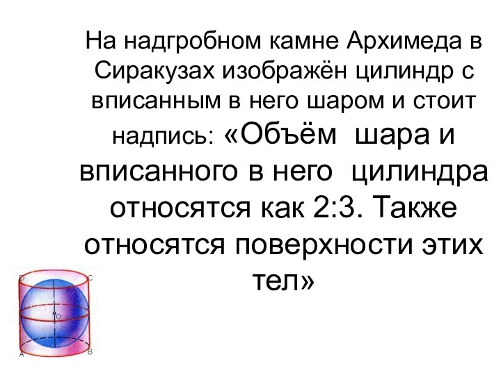 На надгробном камне Архимеда в Сиракузах изображён цилиндр с вписанным в него