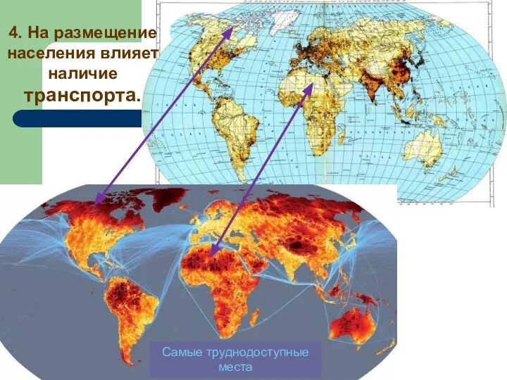 Самые труднодоступные места 4. На размещение населения влияет наличие транспорта.