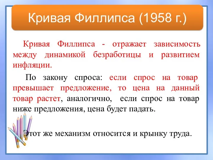 Кривая Филлипса - отражает зависимость между динамикой безработицы и развитием инфляции. По