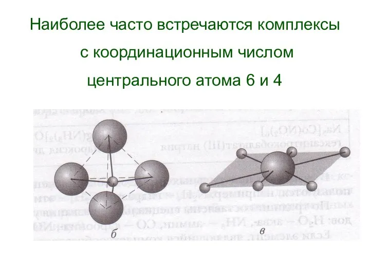 Наиболее часто встречаются комплексы с координационным числом центрального атома 6 и 4