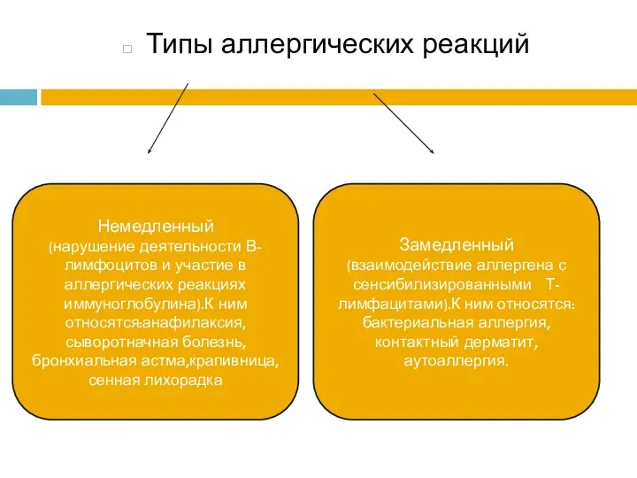 Типы аллергических реакций Немедленный (нарушение деятельности В-лимфоцитов и участие в аллергических реакциях