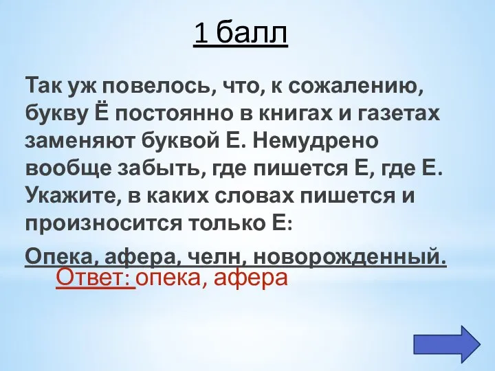 1 балл Так уж повелось, что, к сожалению, букву Ё постоянно в