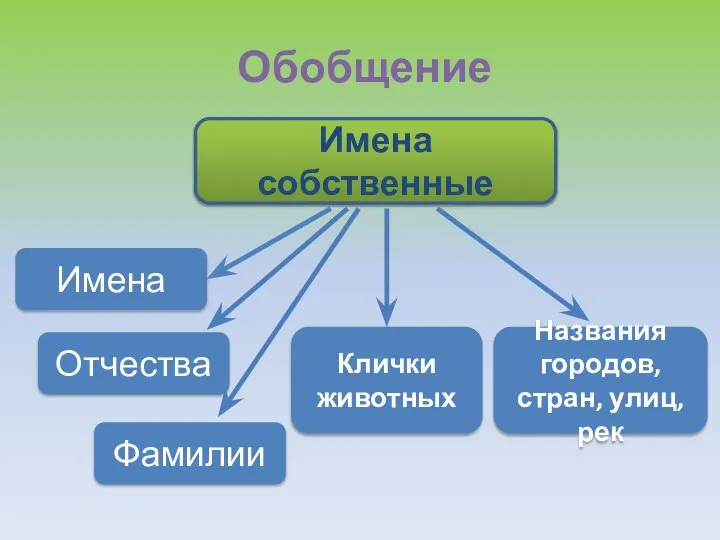 Обобщение Имена собственные Имена Отчества Фамилии Клички животных Названия городов, стран, улиц, рек