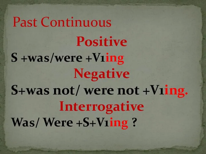 Positive S +was/were +V1ing Negative S+was not/ were not +V1ing. Interrogative Was/