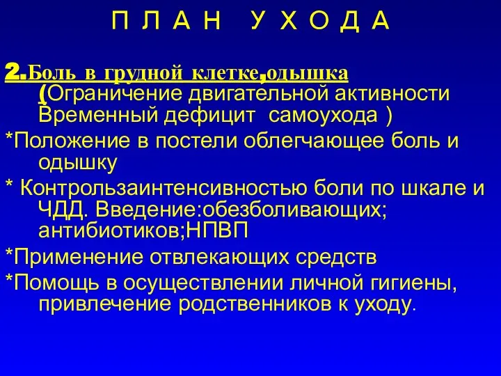 ПЛАН УХОДА 2.Боль в грудной клетке,одышка (Ограничение двигательной активности Временный дефицит самоухода