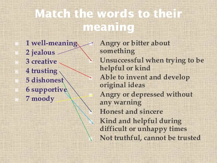 Match the words to their meaning 1 well-meaning 2 jealous 3 creative