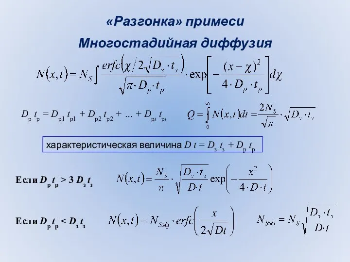 «Разгонка» примеси Многостадийная диффузия Если Dр tр > 3 Dз tз Если