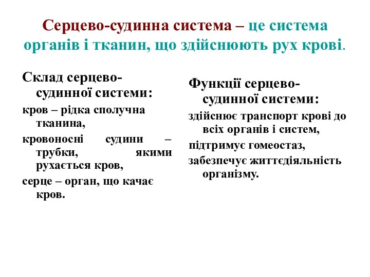 Серцево-судинна система – це система органів і тканин, що здійснюють рух крові.