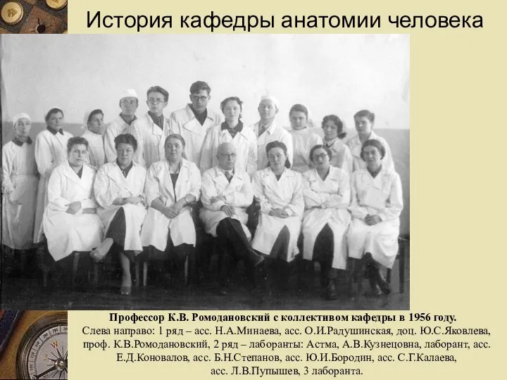 Профессор К.В. Ромодановский с коллективом кафедры в 1956 году. Слева направо: 1