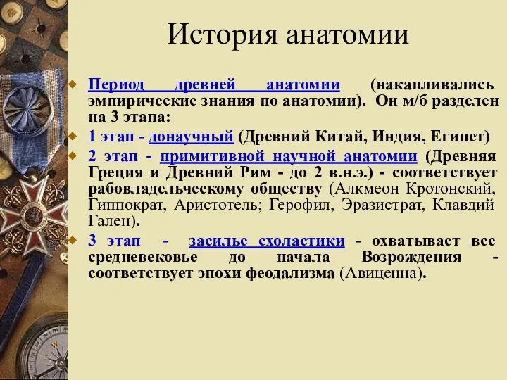 Период древней анатомии (накапливались эмпирические знания по анатомии). Он м/б разделен на