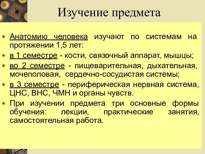 Изучение предмета Анатомию человека изучают по системам на протяжении 1,5 лет: в