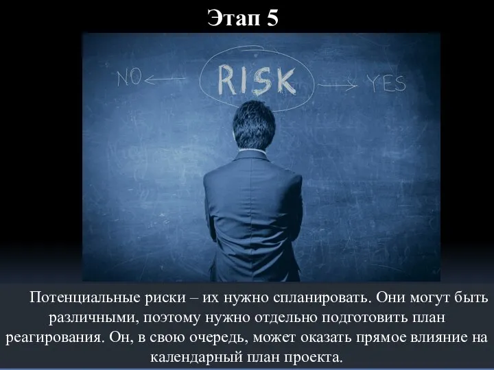 Этап 5 Потенциальные риски – их нужно спланировать. Они могут быть различными,