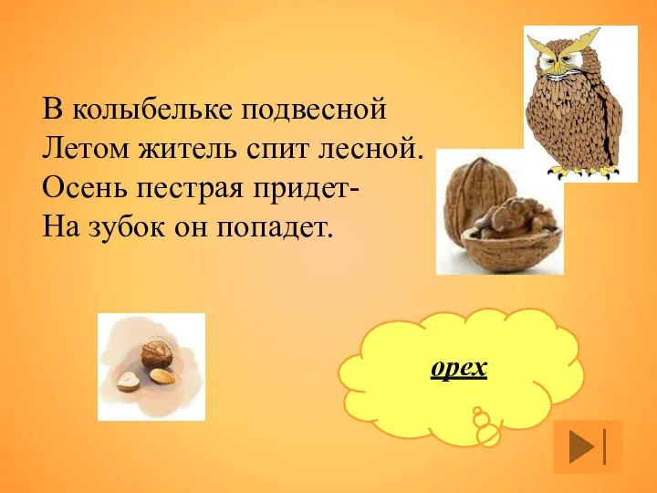 В колыбельке подвесной Летом житель спит лесной. Осень пестрая придет- На зубок он попадет. орех